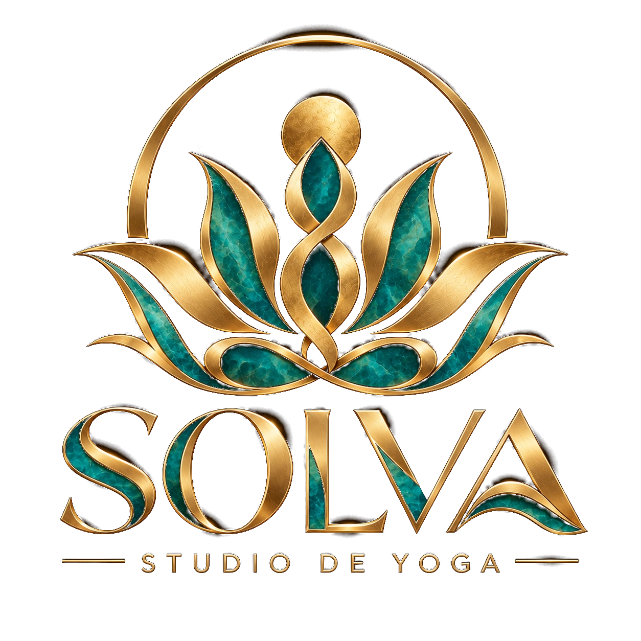 Emblema de loto en dorado y turquesa, con el nombre SOLVA Studio de Yoga